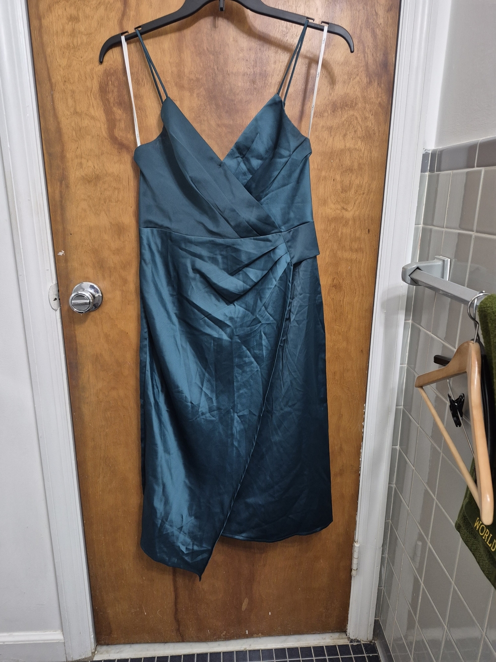 Lulu's Teal Satin Wrap Midi Dress with Spaghetti Straps
